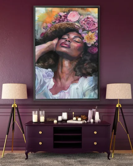 Tableau portrait féminin sur toile artistique 80% coton – décoration murale élégante et moderne.
