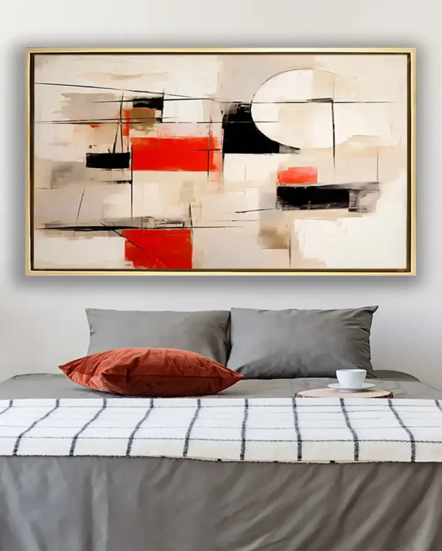 Tableau abstrait moderne aux tons orange et beige sur toile artistique 80% coton – cadre doré élégant.