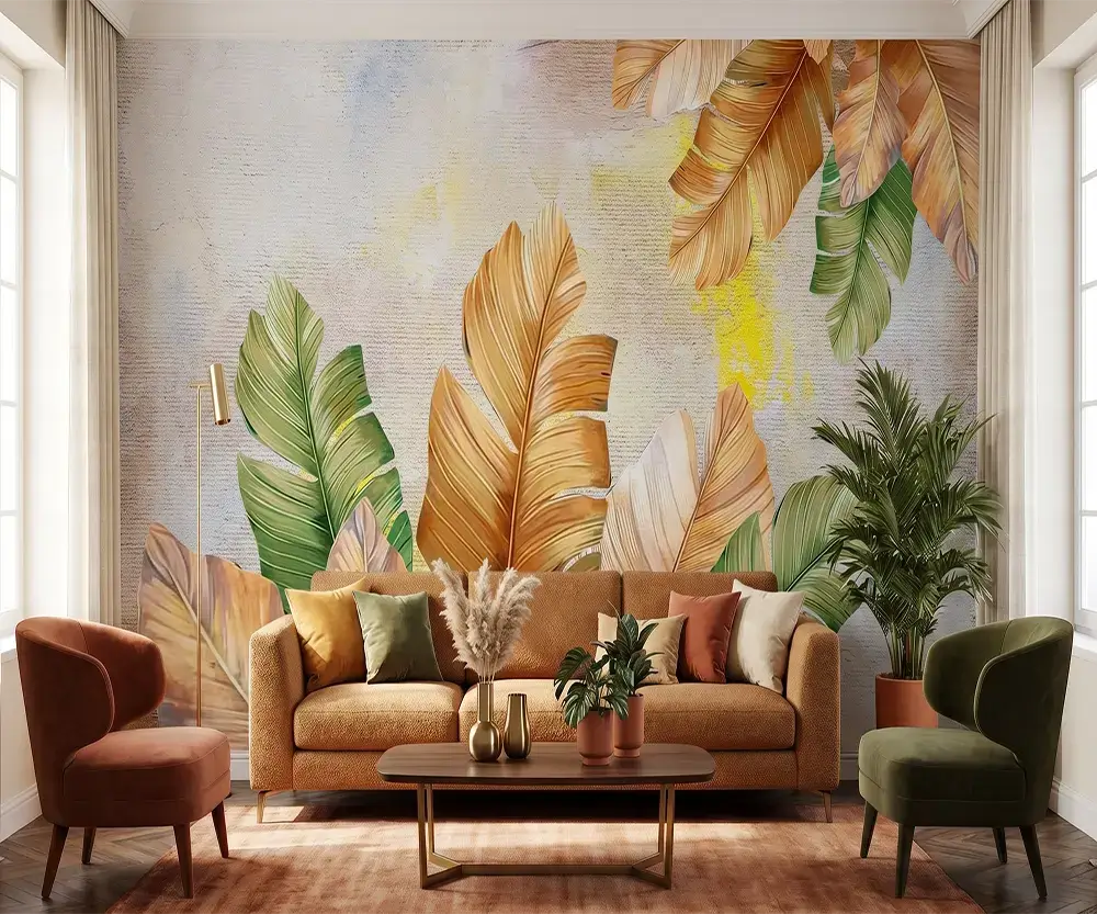 Papier peint panoramique sur-mesure effet peinture mural grandes feuilles tropicales vert et jaune ocre pour salon lumineux au Maroc