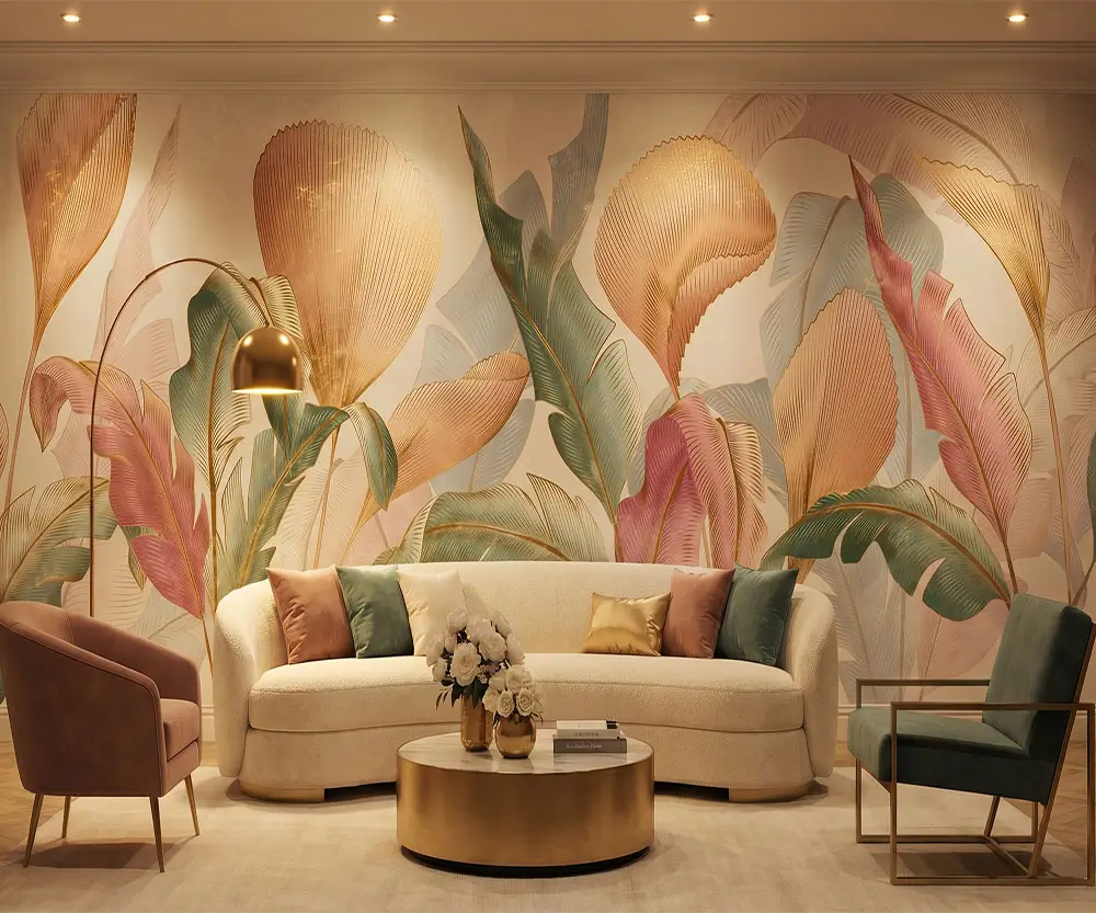 Décoration murale lumineuse de salon avec papier peint tropical aux couleurs douces rose et vert.