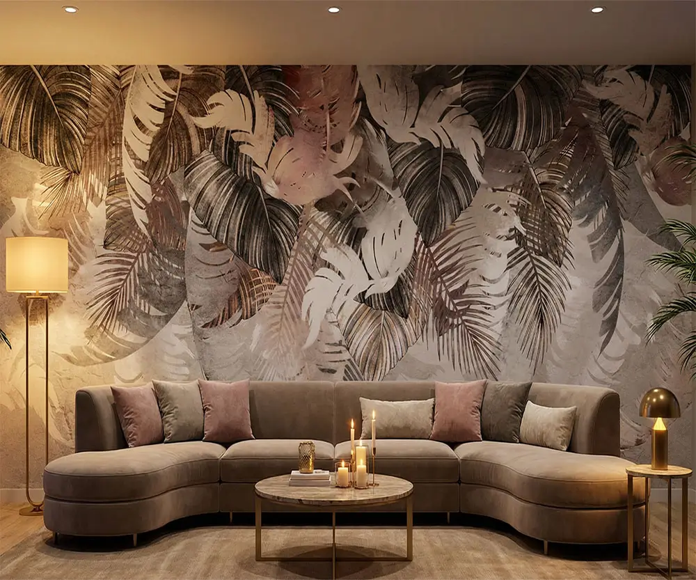 Papier peint panoramique feuilles tropicales vintage beige et marron dans un salon moderne