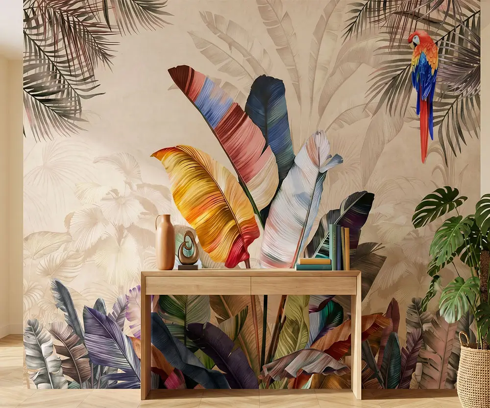 Papier peint panoramique sur-mesure motif jungle tropicale feuilles colorées et perroquet ara pour salon moderne au Maroc