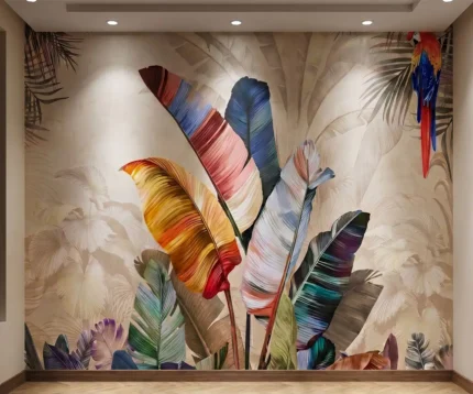 Papier peint panoramique sur-mesure motif jungle tropicale feuilles colorées et perroquet ara pour salon moderne au Maroc