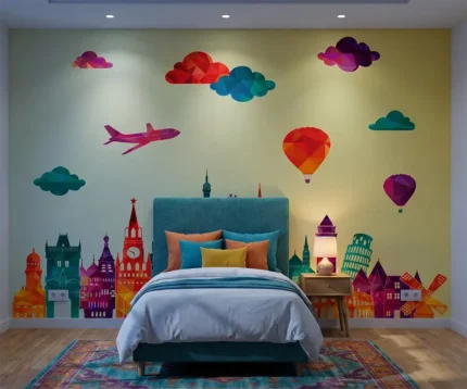 Papier peint panoramique pour chambre d'enfant illustrant des monuments célèbres du monde, des montgolfières et un avion dans un style géométrique coloré.