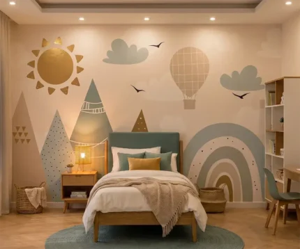 Papier peint panoramique pour chambre d'enfant style bohème avec motifs de montagnes, soleil, nuages et montgolfière aux couleurs pastel douces.