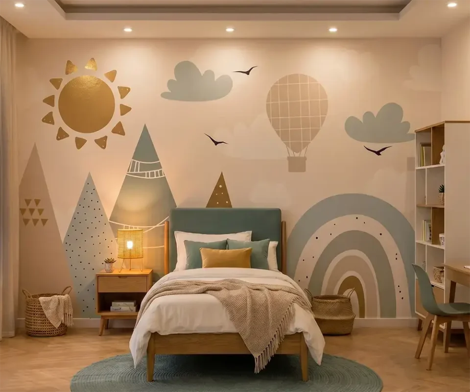 Papier peint panoramique pour chambre d'enfant style bohème avec motifs de montagnes, soleil, nuages et montgolfière aux couleurs pastel douces.