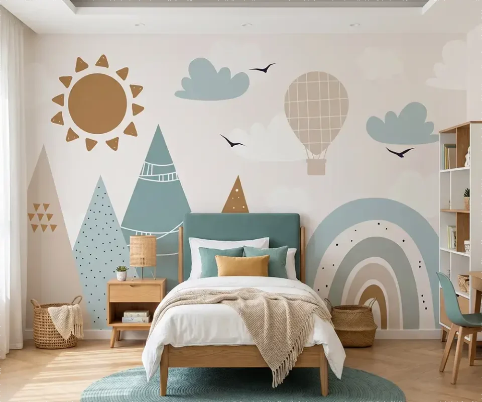 Papier peint panoramique pour chambre d'enfant style bohème avec motifs de montagnes, soleil, nuages et montgolfière aux couleurs pastel douces.