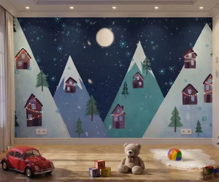 Papier peint panoramique pour chambre d'enfant illustrant un paysage de montagnes sous la neige la nuit, avec des chalets illuminés, des sapins et une pleine lune.