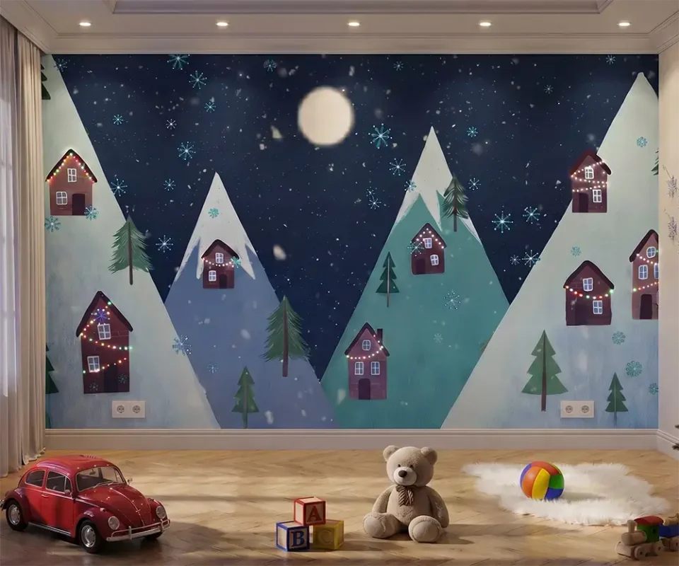 Papier peint panoramique pour chambre d'enfant illustrant un paysage de montagnes sous la neige la nuit, avec des chalets illuminés, des sapins et une pleine lune.