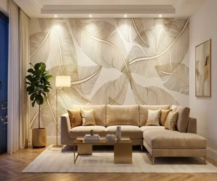 Papier peint panoramique avec motifs de grandes feuilles en line-art doré, posé sur le mur principal d'un salon moderne aux tons beiges.
