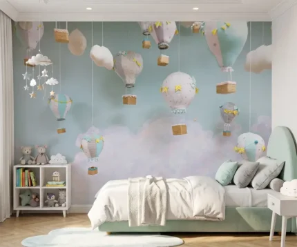 Papier peint panoramique effet trompe-l'œil 3D avec des montgolfières pastel et des nuages dans une chambre d'enfant.