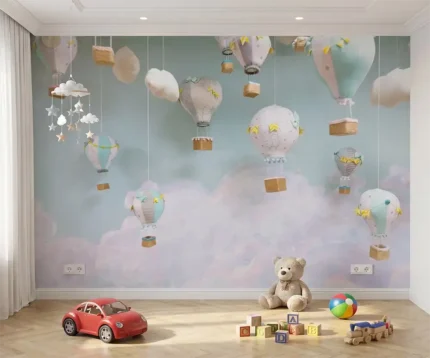 Papier peint panoramique effet trompe-l'œil 3D avec des montgolfières pastel et des nuages dans une chambre d'enfant.