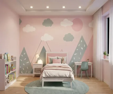Papier peint panoramique sur-mesure motif montagnes et nuages couleurs pastel rose et menthe pour chambre d'enfant et bébé au Maroc