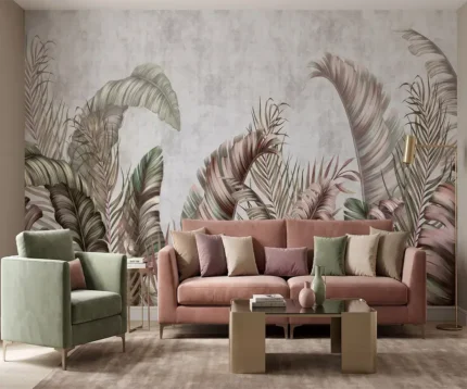 Papier peint panoramique sur-mesure motif grandes feuilles de bananier tons chauds beige et marron pour salon chaleureux au Maroc