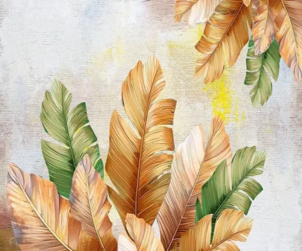 Papier peint panoramique sur-mesure effet peinture mural grandes feuilles tropicales vert et jaune ocre pour salon lumineux au Maroc
