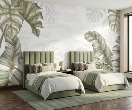 Papier peint panoramique sur-mesure motif grandes feuilles tropicales monstera vertes pour décoration de chambre moderne au Maroc