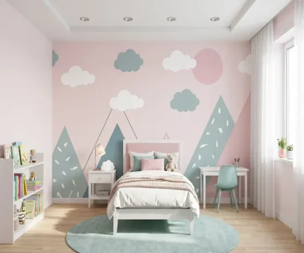 Papier peint panoramique sur-mesure motif montagnes et nuages couleurs pastel rose et menthe pour chambre d'enfant et bébé au Maroc