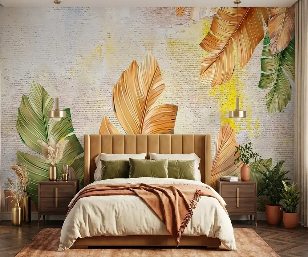 Papier peint panoramique sur-mesure effet peinture mural grandes feuilles tropicales vert et jaune ocre pour salon lumineux au Maroc