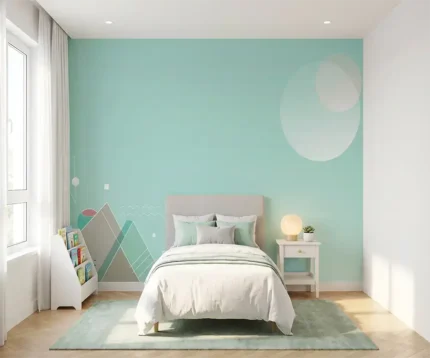 Papier peint panoramique pour chambre d'enfant avec un fond vert menthe apaisant, des montagnes géométriques minimalistes et une grande lune douce.