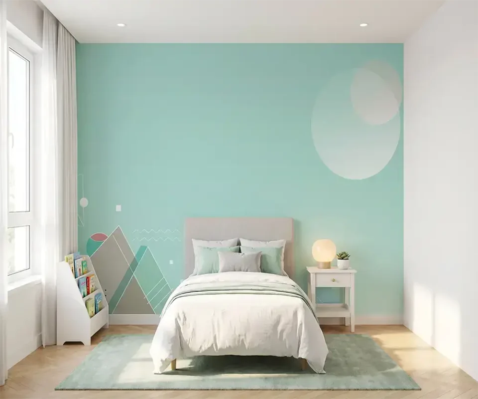 Papier peint panoramique pour chambre d'enfant avec un fond vert menthe apaisant, des montagnes géométriques minimalistes et une grande lune douce.