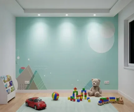Papier peint panoramique pour chambre d'enfant avec un fond vert menthe apaisant, des montagnes géométriques minimalistes et une grande lune douce.